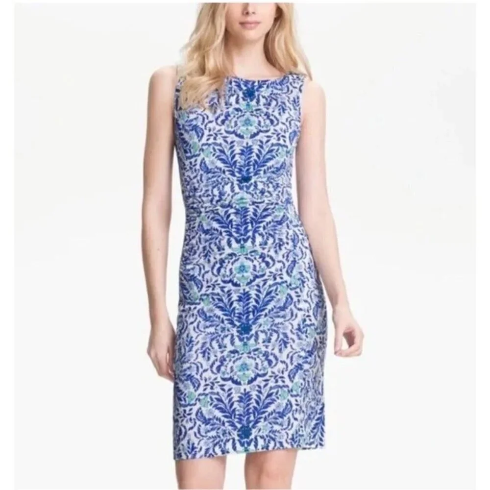 Tory Burch Ruched Knee Length Silk Dress Blue White Floral Print Lined Medium